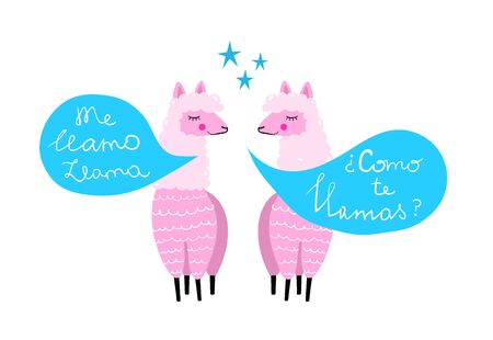 Two Llamas talking hand drawn colorful print designのイラスト素材