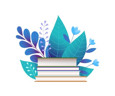 Books and blue leaves flat vector illustrationのイラスト素材