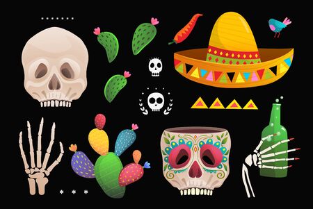 Skull Sombrero Cactus Mexican Symbols Collection for Day of the Deadのイラスト素材