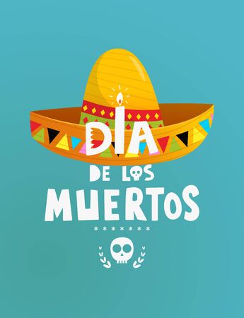 Fun and colorful day of the dead poster design, hand drawn sombrero and lettering sign with candle.のイラスト素材