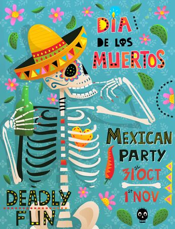 Day of the Dead Skeleton poster design with hand letteringのイラスト素材