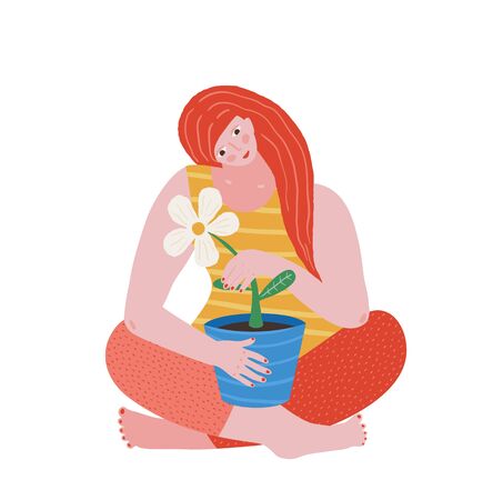 Young girl sitting with legs crossed holding flower pot with flower urban print design for apparel or greeting card.のイラスト素材