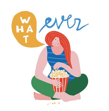 Young unhappy girl sitting eating popcorn saying whatever color blocks vector modern colorful designのイラスト素材