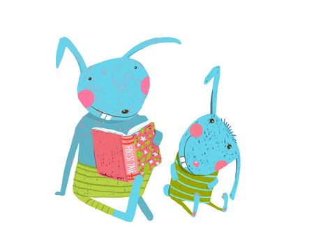 Two funny rabbits animal family studying doing exercise. Isolated vector clip art kids cartoon illustration.のイラスト素材