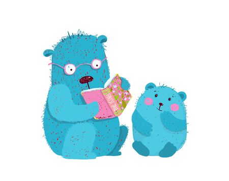 Parenting and teaching concept with bear and son reading fairytale story book. Vector hand drawn illustration.のイラスト素材
