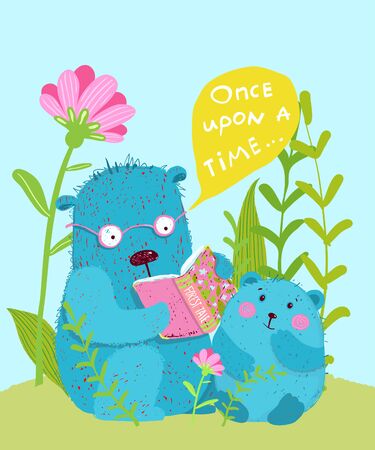 Cute animal teaching mom bear and puppy cub reading a book in the forest. Funny hand drawn vector cartoon.のイラスト素材