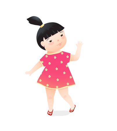 Multiracial asian kid girl wearing cute red dress. Cute little baby girl hand drawn vector cartoon.のイラスト素材