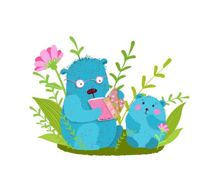 Cute bear family reading book studying and teaching in nature.のイラスト素材
