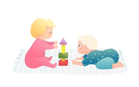 Cute Friendship of baby boy and toddler girl having curious playtime together. Funny hand drawn vector cartoon illustration.のイラスト素材