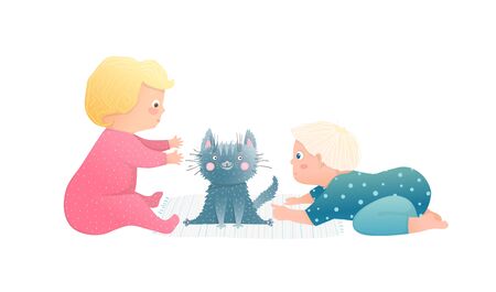Cute boy baby toddler and girl child having curious playtime with kitten. Funny hand drawn vector cartoon illustration.のイラスト素材