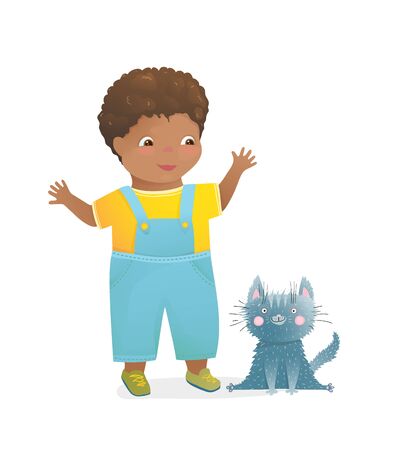 Little african happy boy and puppy kitten wearing blue jeans. Cute child hand drawn vector graphic.のイラスト素材