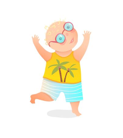 Cute boy kid joyful playing and running fair hair and palm tree t-shirt. Vector hand drawn illustration.のイラスト素材
