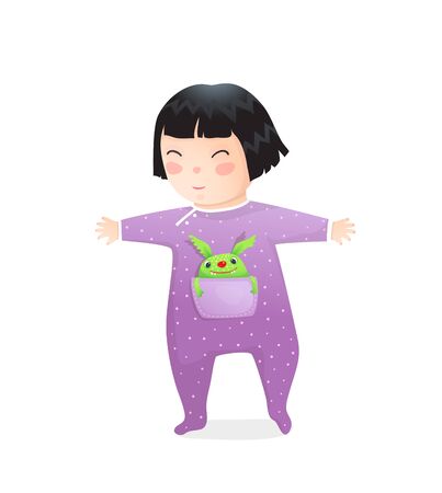 Multiracial asian kid girl with monster pet. Cute little baby girl hand drawn vector cartoon.のイラスト素材