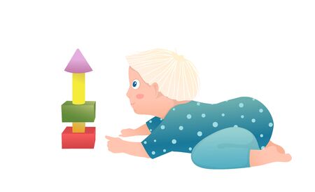 Cute boy baby toddler having curious playtime with blocks. Funny hand drawn vector cartoon illustration.のイラスト素材