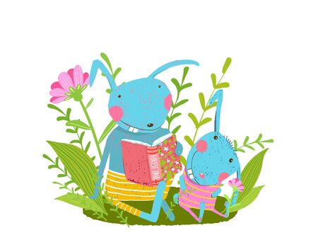 Rabbit cute family reading a book in the forest, parent and baby rabbit.のイラスト素材
