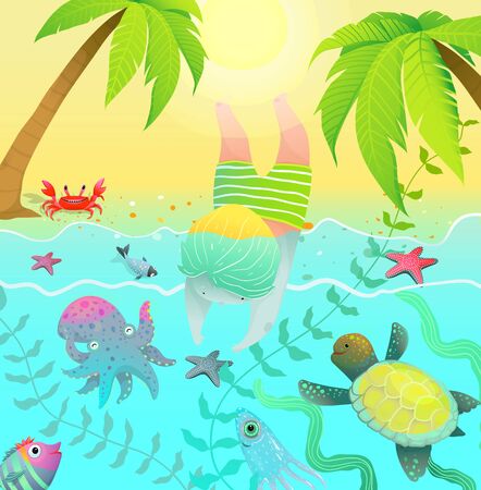 Diving Jumping Boy Kid in Tropical Paradise Island Vacation Recreational Kids Cartoonのイラスト素材