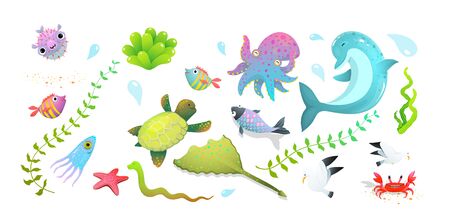 Cute kids sea creatures set dolphin, sea star, fishes and squid, crab and other amusing underwater creatures. Vector cartoon.のイラスト素材