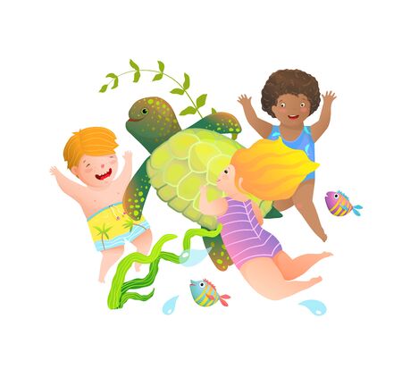 Happy Children Boys and Girls swimming and diving with Sea Turtle Cartoonのイラスト素材