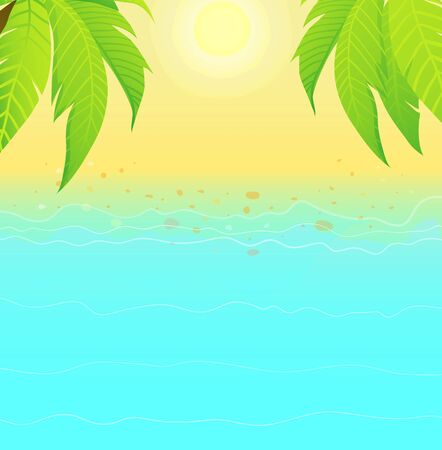 Cartoon hand drawn summer beach and sand ocean water paradise scene. Empty for lettering design, vector watercolor style.のイラスト素材