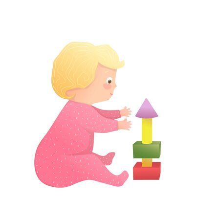 Cute girl baby toddler having curious playtime with blocks. Funny hand drawn vector cartoon illustration.のイラスト素材