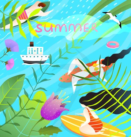 Colorful and relaxing tropical summer grahic modern hand drawn design. People on paddle boards in nature print design.のイラスト素材