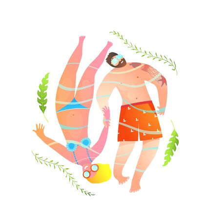 Cartoon cute lovers swim in the ocean or sea, seasonal artistic art print design. Two people in the water isolated on white.のイラスト素材