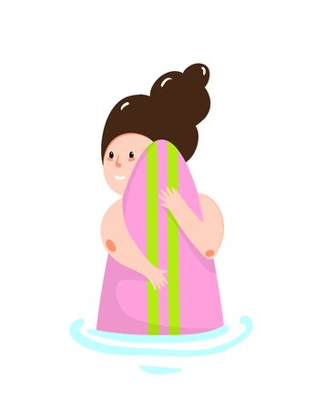 Comic cute girl surfing cartoon icon. Pretty brunette swimming with surfboard in water, smiling joyful.のイラスト素材