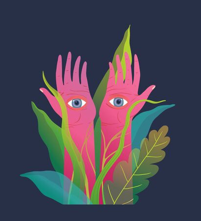 Fantasy raised pink arms and hands with eyes on palms, mysterious and spiritual poster design.のイラスト素材