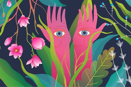 Mysticism backdrop with magic forest flowers and hands with eyes watching. Fantasy magical horizontal background.のイラスト素材