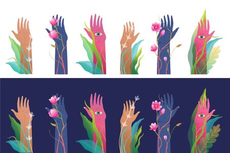 Raised arms hands and palms with eyes watching spiritual esoteric design separated on white.のイラスト素材