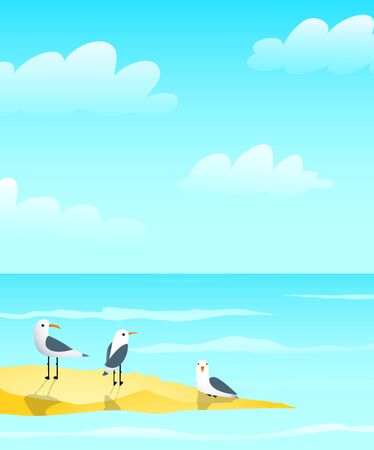 Marine ocean and seagulls on sandbank design, waves and clouds nautical blue greeting card background design.のイラスト素材