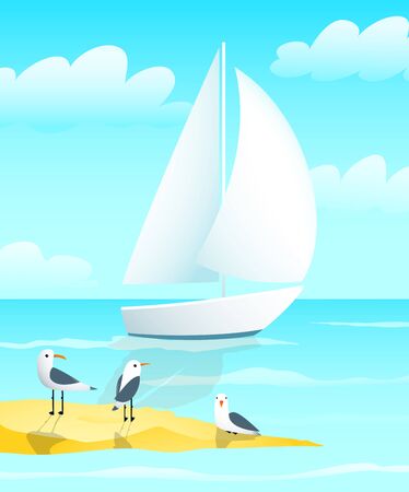 Naval Blue Nautical Colored Sailing Yacht Boat design with sea gulls and shoreside chill and salty naval art.のイラスト素材