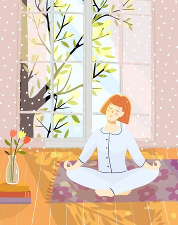 Woman or young girl meditating doing yoga at home in room with nature in big window, relaxing eyes closed. Vector artistic vector interior drawing.のイラスト素材
