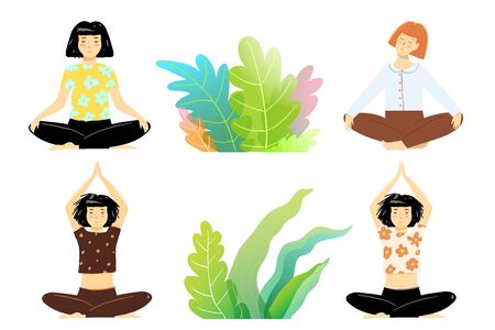 Young woman meditating in nature clip art with trees or flowers design elements collection, relaxing in lotus pose. Vector flat hand drawn modern design.のイラスト素材