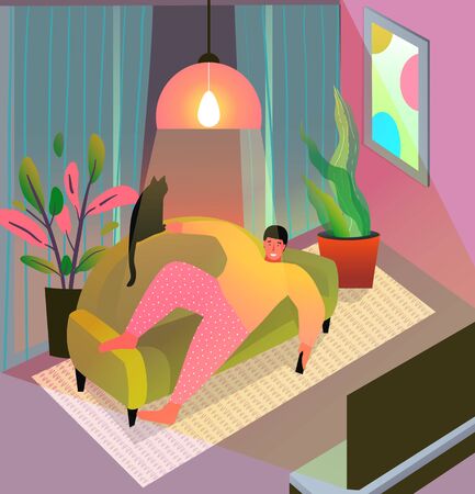 Man happy isolation at home, lay on couch watch TV at night alone in his apartment. Interior design with furniture, house plants, picture frame on wall and flat TV or home cinema. Vector illustrationのイラスト素材