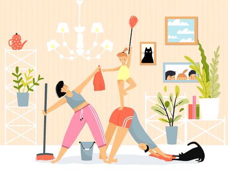 Family inside room doing housework, cleaning and yoga fitness exercise. Daily routine, humorous home cleaning motivation, family members sport pyramid in room. Vector flat illustration.のイラスト素材