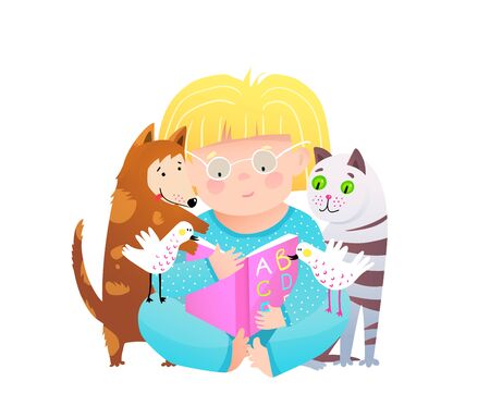 Little girl reading ABC book to cat and dog pets, sitting on floor holding open ABC book. Funny cute child study to read book, adorable preschooler kid character. Vector fun cartoon isolated clipartのイラスト素材