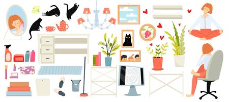 Household items and woman, room interior clipart objects collection. Furniture, houseplants, chair, mirror, carpet, wall art pictures in frames, black cats. Cozy house vector isolated objects.のイラスト素材