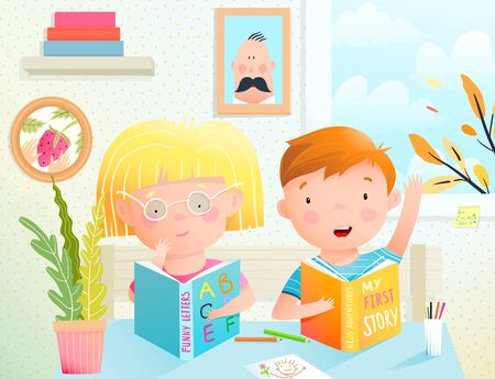 Happy kids reading books in classroom at school. Little boy and girl wearing glasses sitting at the desk at school at home or library, studying. Vector watercolor style cartoon.のイラスト素材