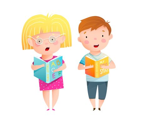 Smart little kids reading book aloud standing together. Cute children study to read, hold ABC books, read with mouth open, wear glasses. Funny educational school or kindergarten vector cartoon.のイラスト素材