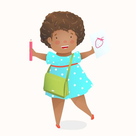 Little girl drawing with pencil on paper, happy African American kid smiling showing illustration on paper. Preschooler, kindregarten or elementary school drawing. Vector watercolor style cartoon.のイラスト素材