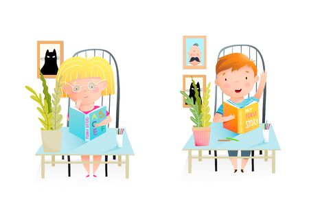 Elementary school children, classmates sitting at the desk, studying, reading books. Girl thinking and a boy answer question. Classroom with kids illustration. Watercolor style vector cartoon.のイラスト素材