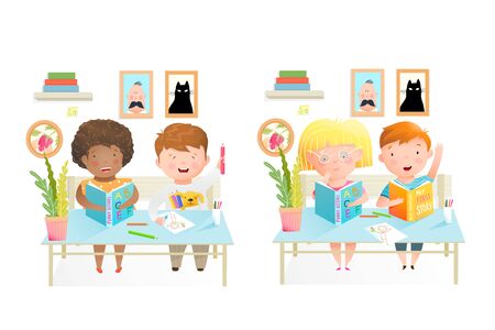 Elementary schoolchildren sitting at the desk, studying, reading books and drawing with color pencils. Cute kids education, classroom illustration. Watercolor style vector cartoon.のイラスト素材
