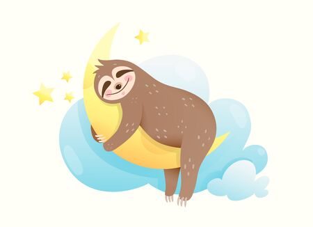 Baby sloth sleeping hugging the moon, good night and happy dreams card design for children. Dreamy adorable animal cub. Kids watercolor style sloth animal nursery isolated vector clip art.のイラスト素材