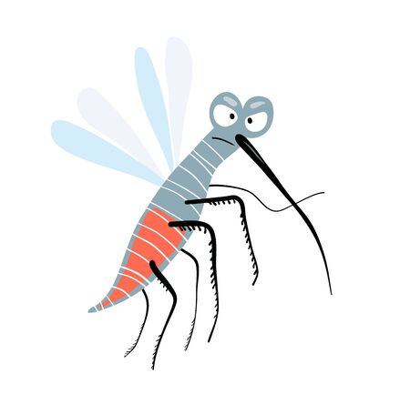 Funny cute angry and silly mosquito. Character design, cute flying insect looking at you angry, for kids. Hilarious hand drawn tropical mosquito. Vector kids cartoon illustration.のイラスト素材