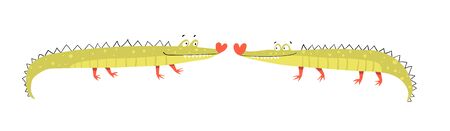 Funny cute amusing and silly crocodiles couple in love kissing. Character design, cute smiling happy animals for children. Hilarious hand drawn alligator design. Vector kids cartoon illustration.のイラスト素材