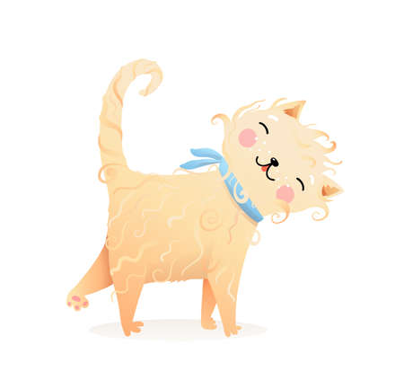 Cute curly fur cat or kitten purr cartoon, domestic kitty animal illustration for children, kind and friendly kids picture. Watercolor style vector graphic.のイラスト素材