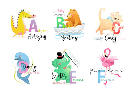 English language Alphabet letters with animals for teaching and studying collection. Elephant, alligator, bear, cat, dolphin and flamingo ABC cartoon. Vector isolated clipart in watercolor style.のイラスト素材