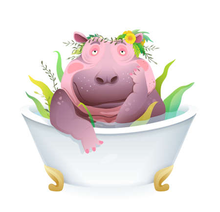 Humorous pet grooming cartoon with cute and funny female hippopotamus taking herbal bath. Fatty hippo in the bath tub, body positive animal fun cartoon. Vector artistic 3d realistic design.のイラスト素材