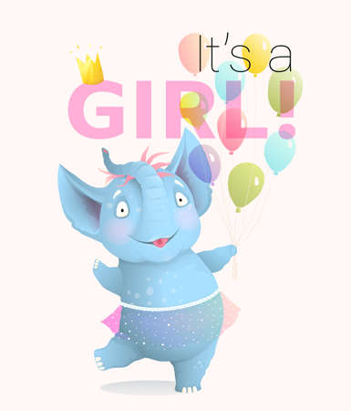Its a Girl greeting card with baby elephant celebrating birthday.のイラスト素材